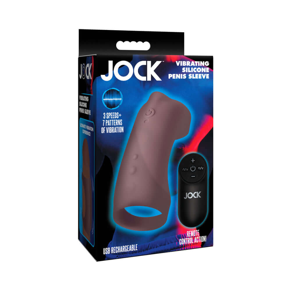 JOCK Vibrating Silicone Penis Sleeve Dark packaging with remote control, showcasing multiple vibration settings.