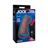 JOCK Vibrating Silicone Penis Sleeve Dark packaging with remote control, showcasing multiple vibration settings.