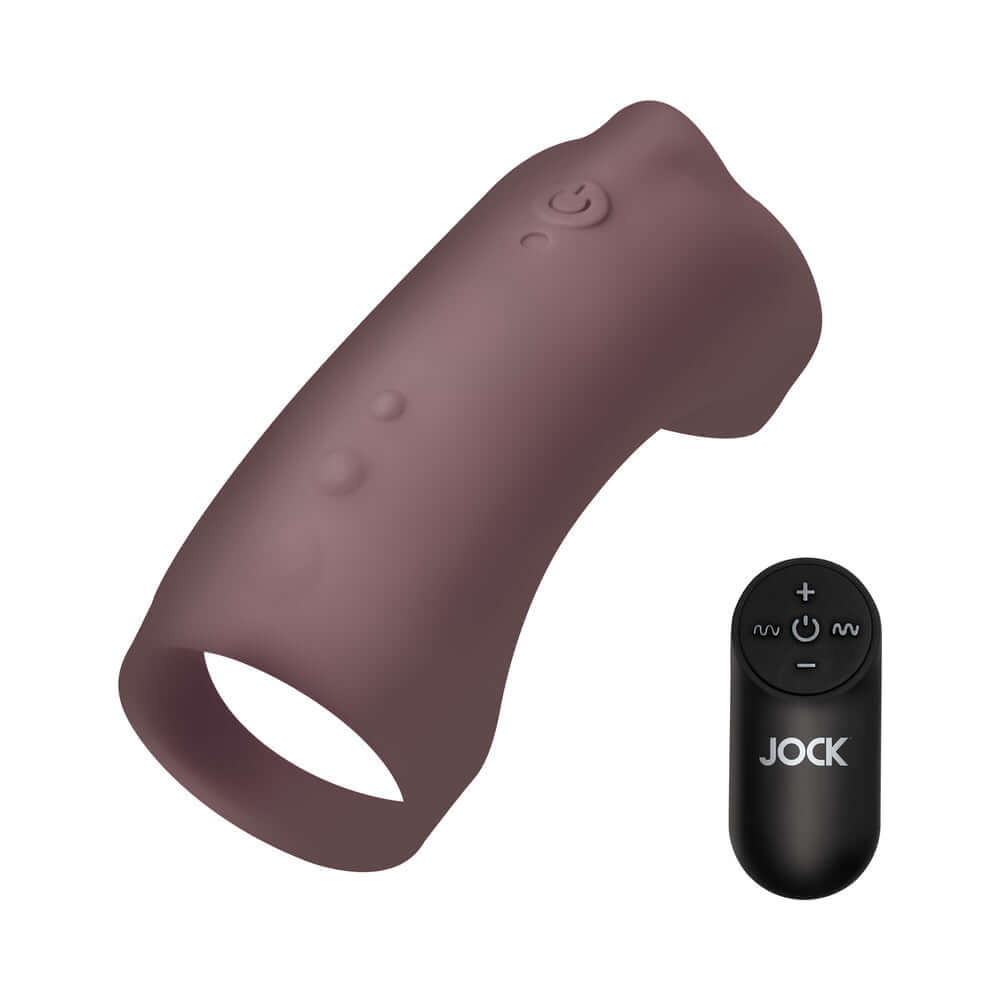 JOCK Vibrating Silicone Penis Sleeve Dark with remote control for customizable stimulation.