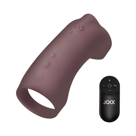 JOCK Vibrating Silicone Penis Sleeve Dark with remote control for customizable stimulation.