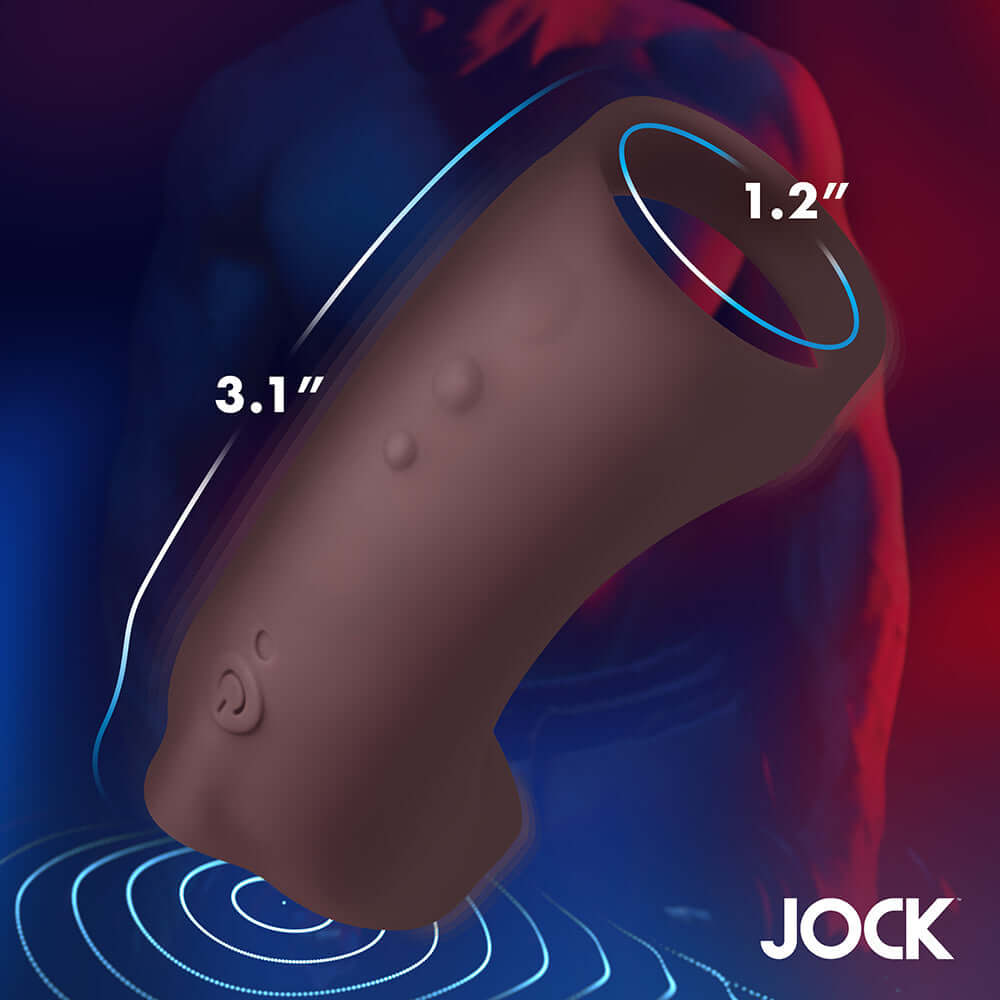 JOCK Vibrating Silicone Penis Sleeve Dark with dimensions 1.2" x 3.1" and soft silicone design for comfort.