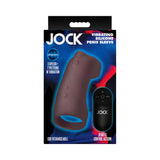 JOCK Vibrating Silicone Penis Sleeve Dark packaging showcasing features and remote control for customizable vibrations.