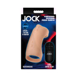 JOCK Vibrating Silicone Penis Sleeve Light packaging featuring remote control and details on vibration settings.