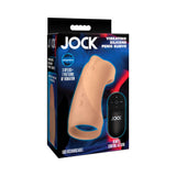 JOCK Vibrating Silicone Penis Sleeve Medium packaging showcasing 3 speeds and 7 patterns of vibration for enhanced stimulation.