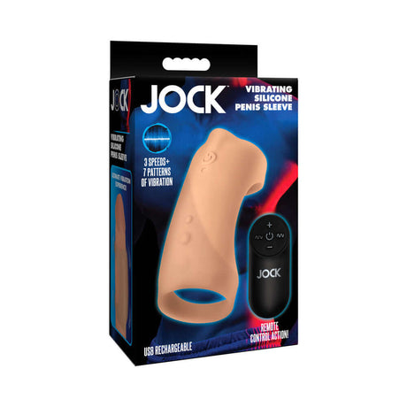 JOCK Vibrating Silicone Penis Sleeve Medium packaging showcasing 3 speeds and 7 patterns of vibration for enhanced stimulation.