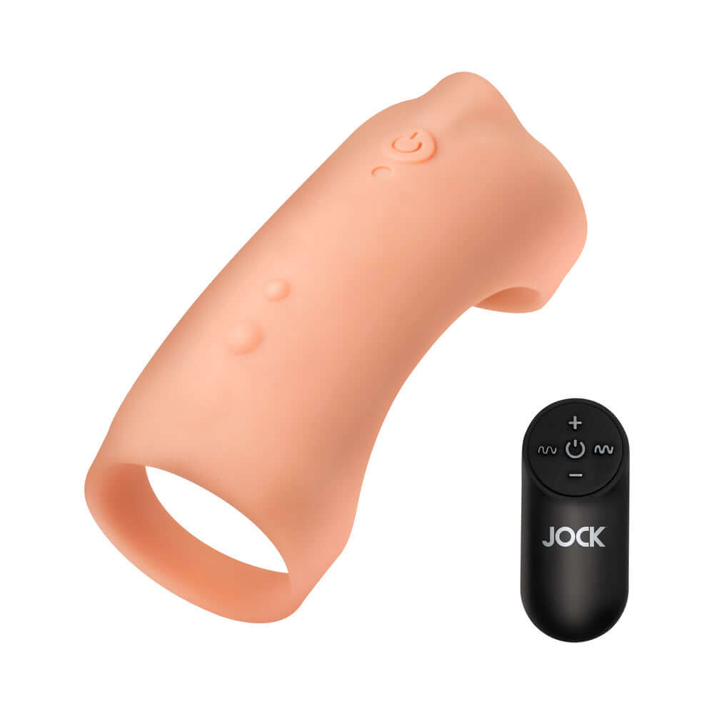 JOCK Vibrating Silicone Penis Sleeve Medium with remote control for enhanced stimulation and comfort.