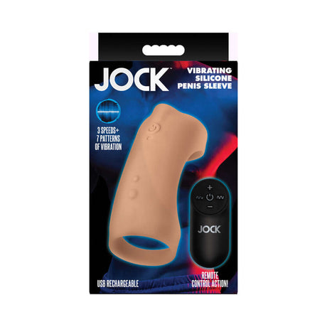 JOCK Vibrating Silicone Penis Sleeve Medium packaging showing product features and remote control for enhanced pleasure.