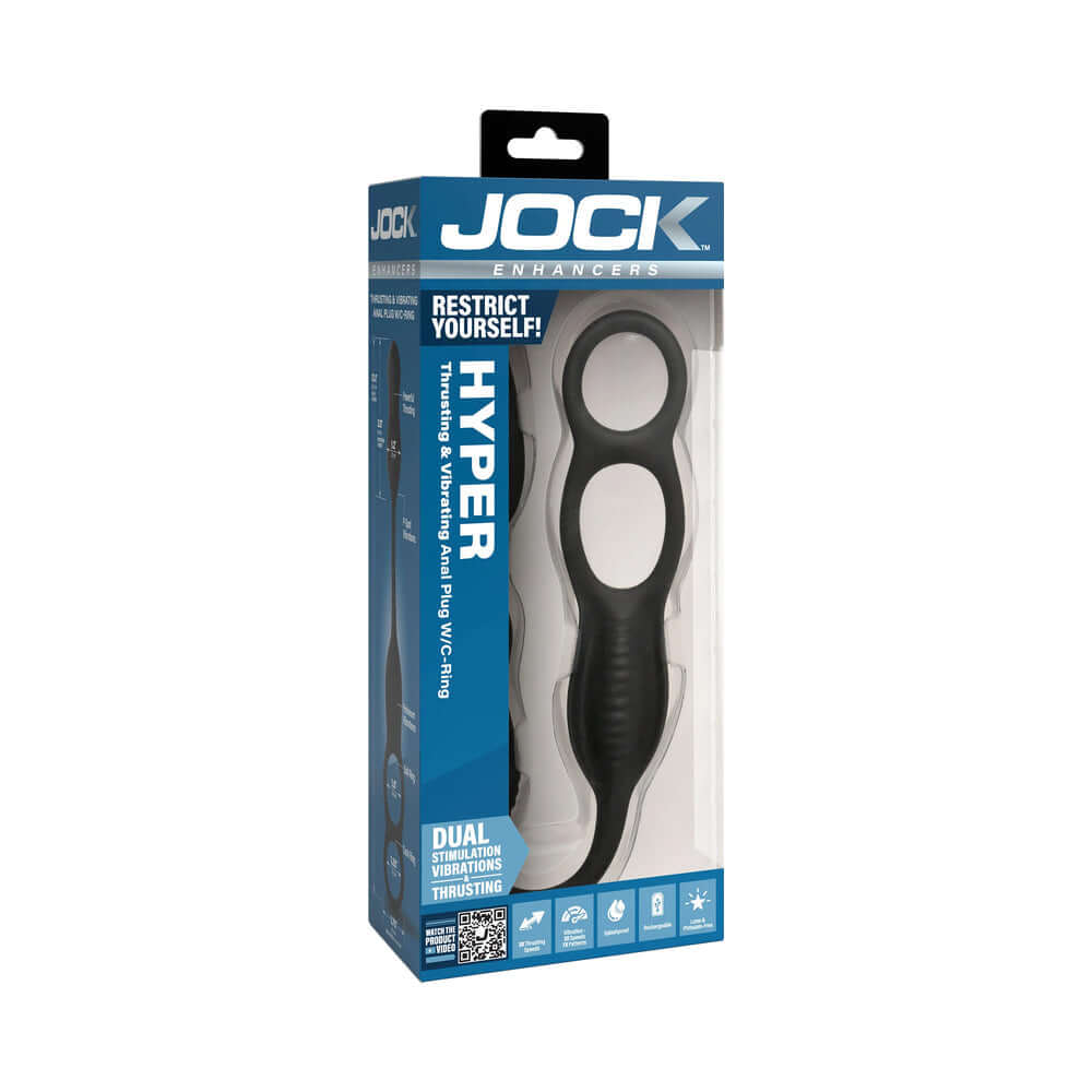 JOCK Silicone Vibrating Anal Plug with Cock and Ball Ring packaging showcasing its innovative design and features