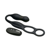 JOCK Silicone Vibrating Anal Plug with Cock and Ball Ring - black silicone design with remote control for enhanced pleasure.