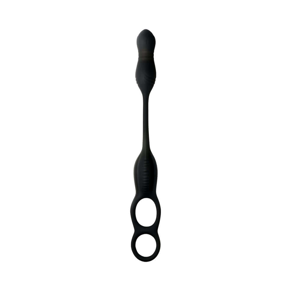 JOCK Silicone Vibrating Anal Plug with Cock and Ball Ring, versatile anal toy with dual rings and textured design.