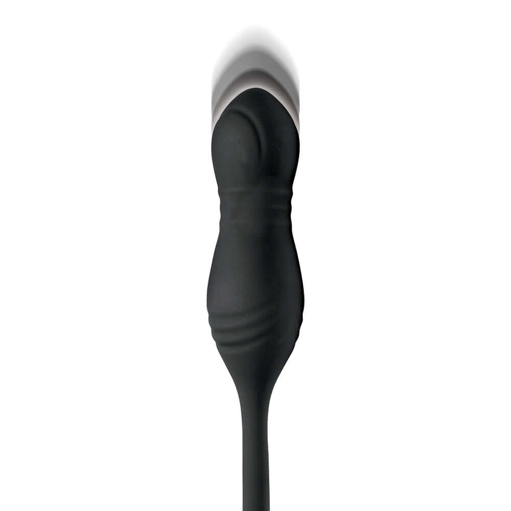 Close-up of the JOCK Silicone Vibrating Anal Plug with Cock and Ball Ring, showcasing its sleek black design.