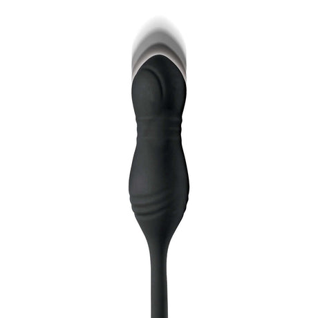 Close-up of the JOCK Silicone Vibrating Anal Plug with Cock and Ball Ring, showcasing its sleek black design.
