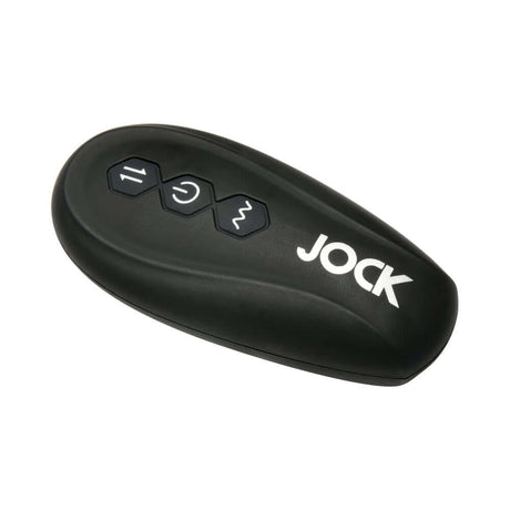 JOCK Silicone Vibrating Anal Plug with Cock and Ball Ring remote control with buttons for intensity and modes.