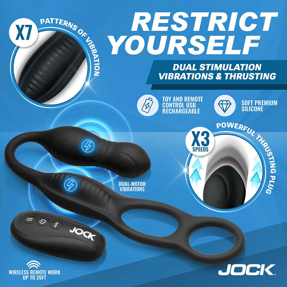 JOCK Silicone Vibrating Anal Plug with Cock and Ball Ring features dual stimulation, remote control, and seven vibration patterns.