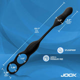 JOCK Silicone Vibrating Anal Plug with Cock and Ball Ring dimensions, 13.1 inches total length, splashproof, latex and phthalate free.