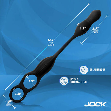JOCK Silicone Vibrating Anal Plug with Cock and Ball Ring dimensions, 13.1 inches total length, splashproof, latex and phthalate free.