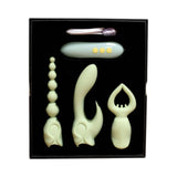 Pleasure Hunter Multifunction Vibrator set featuring four silicone attachments for varied stimulation.
