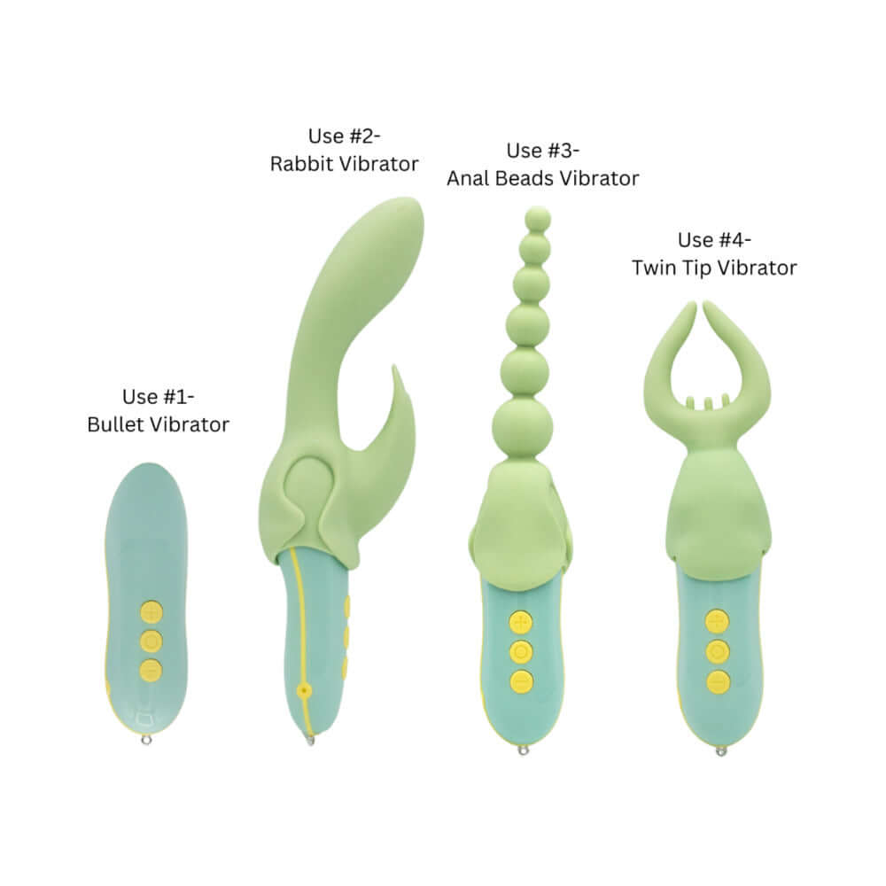 The Pleasure Hunter Multifunction Vibrator with four distinct attachments for versatile stimulation.