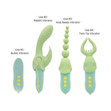 The Pleasure Hunter Multifunction Vibrator with four distinct attachments for versatile stimulation.