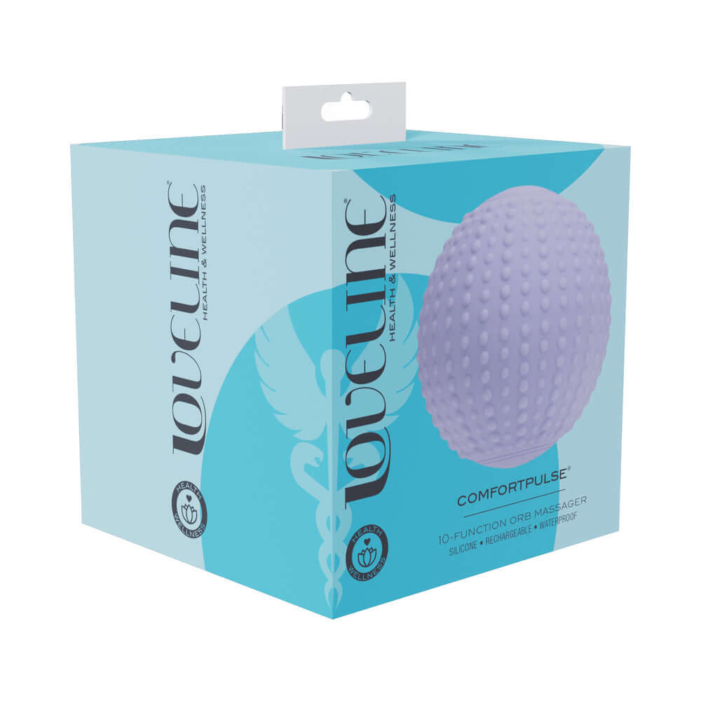 LoveLine ComfortPulse Silicone Massager Lavender packaging with orb-shaped massager design for relaxation and wellness.
