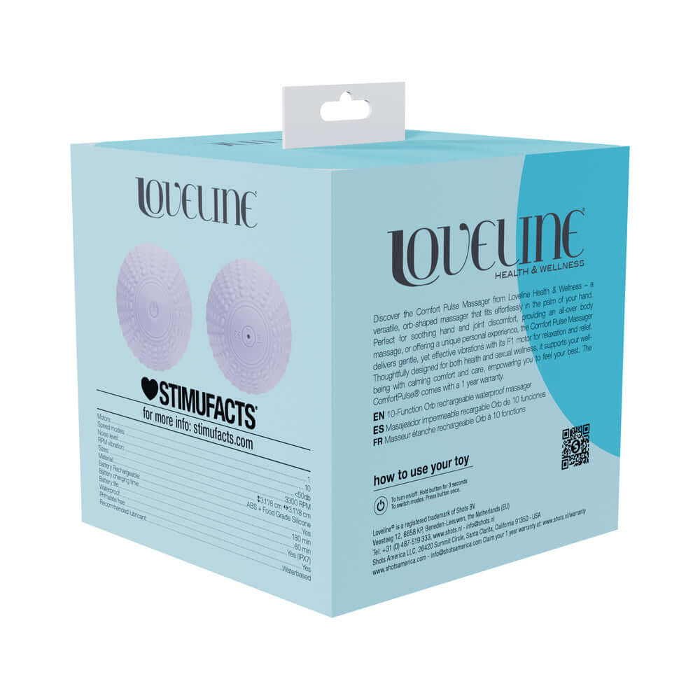 LoveLine ComfortPulse Silicone Massager Lavender packaging showcasing ergonomic design and soothing properties.
