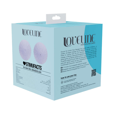 LoveLine ComfortPulse Silicone Massager Lavender packaging showcasing ergonomic design and soothing properties.
