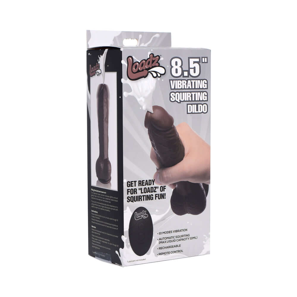Loadz 8.5 inch Vibrating Squirting Dildo Dark packaging with features listed, showcasing realistic design and remote control.