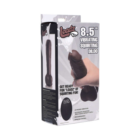 Loadz 8.5 inch Vibrating Squirting Dildo Dark packaging with features listed, showcasing realistic design and remote control.