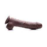 Loadz 8.5 inch Vibrating Squirting Dildo Dark side view showcasing realistic design and textures.