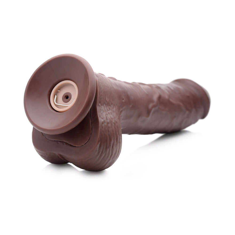 Loadz 8.5 inch Vibrating Squirting Dildo Dark in realistic design and dark color, showcasing vibration control.