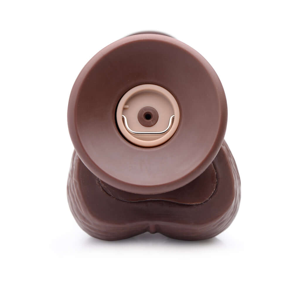 Loadz 8.5 inch Vibrating Squirting Dildo Dark top view showcasing realistic design and insertion point.