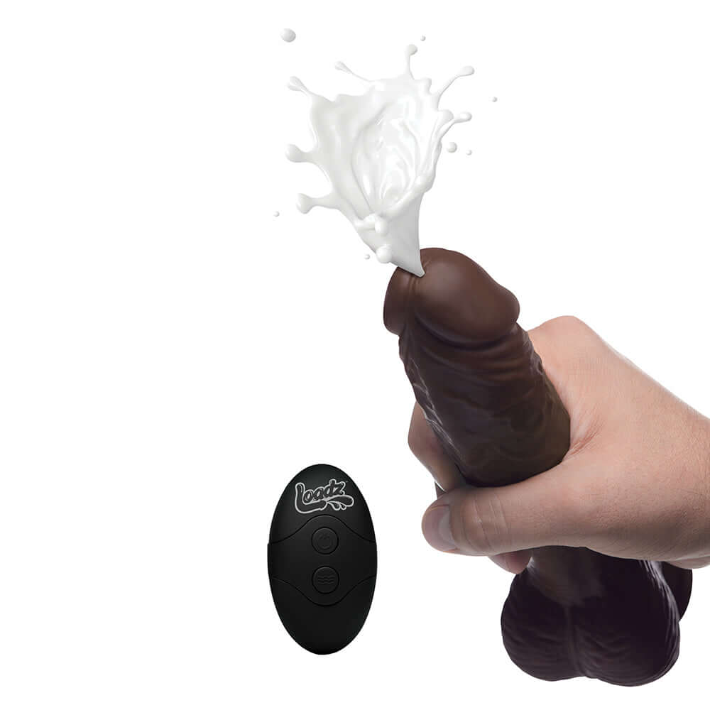 Loadz 8.5 inch Vibrating Squirting Dildo Dark with remote control and realistic design.