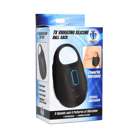 Trinity Men 7X Vibrating Silicone Ball Sack packaging featuring 3 speeds and 4 patterns of vibration.