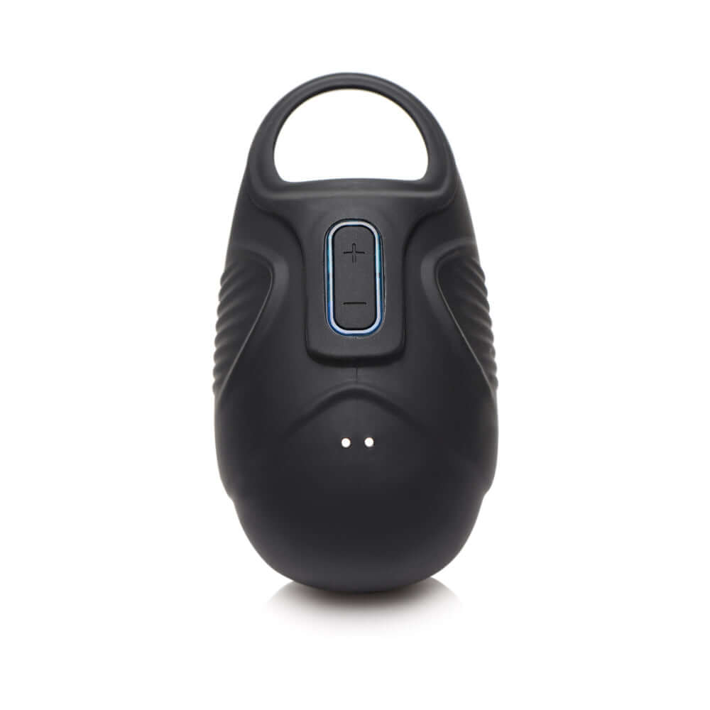Trinity Men 7X Vibrating Silicone Ball Sack front view with control buttons and smooth design.