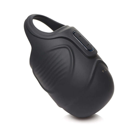 Trinity Men 7X Vibrating Silicone Ball Sack side view showcasing its sleek design and control panel.