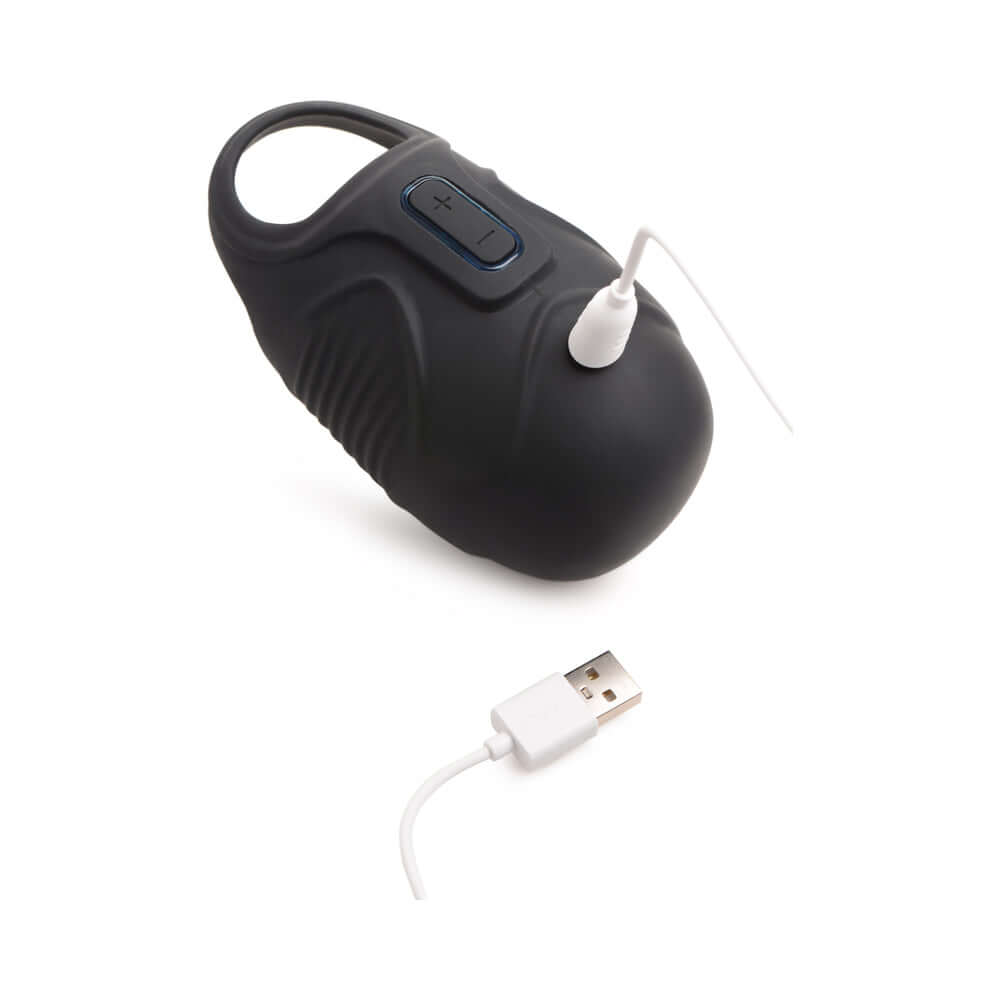 Trinity Men 7X Vibrating Silicone Ball Sack with USB charging cable for enhanced testicular pleasure.