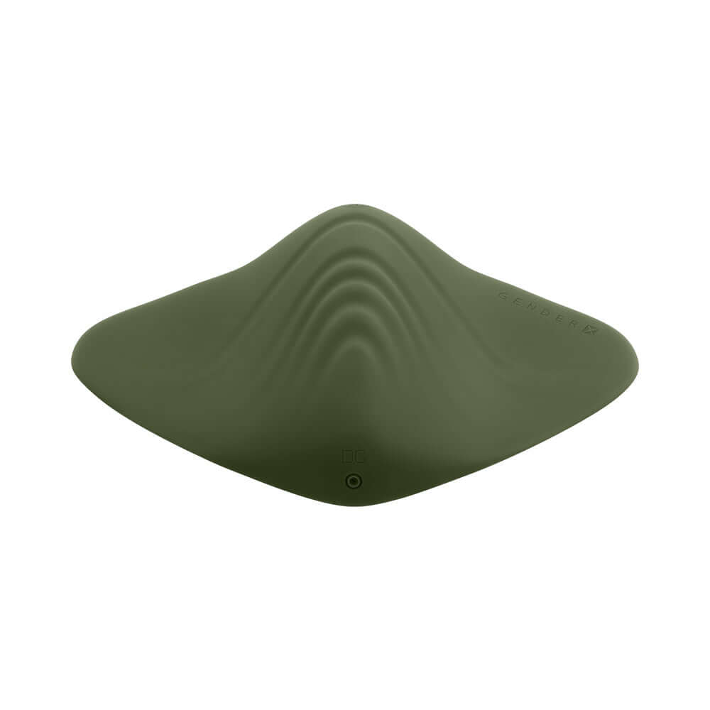 Gender X Pleasure Pad Rechargeable Grinding Pad and Stroker in olive green silicone design for hands-free pleasure