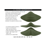Gender X Pleasure Pad Rechargeable Grinding Pad and Stroker with textured wings and crested center line, 5-year warranty.