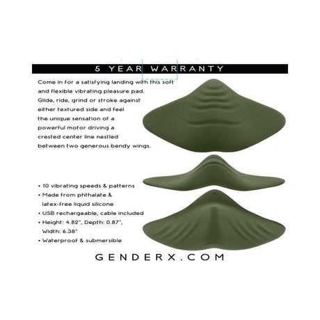 Gender X Pleasure Pad Rechargeable Grinding Pad and Stroker with textured wings and crested center line, 5-year warranty.