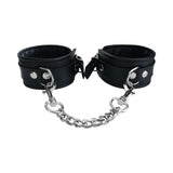 Rouge Fetish Play Vegan Wrist Cuffs Black with metal chain connection for secure restraint.