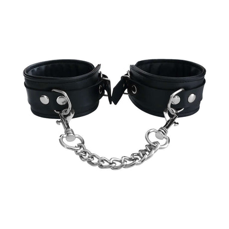 Rouge Fetish Play Vegan Wrist Cuffs Black with metal chain connection for secure restraint.