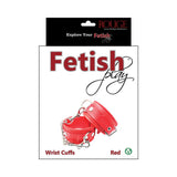 Rouge Fetish Play Vegan Wrist Cuffs Red product packaging featuring red wrist cuffs designed for secure restraint.