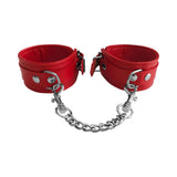 Rouge Fetish Play Vegan Wrist Cuffs Red featuring soft faux leather design with secure chain connection.