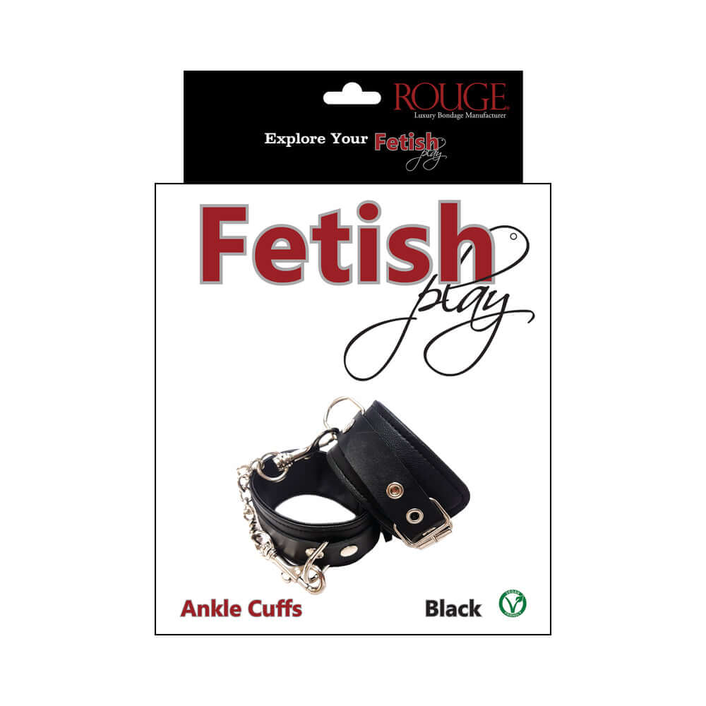 Rouge Fetish Play Vegan Ankle Cuffs Black packaging featuring faux leather cuffs with chain accents.