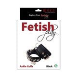 Rouge Fetish Play Vegan Ankle Cuffs Black packaging featuring faux leather cuffs with chain accents.