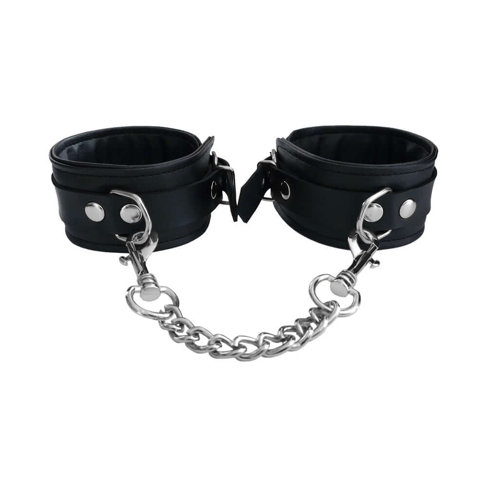 Rouge Fetish Play Vegan Ankle Cuffs Black with metal chain connecting the cuffs, designed for comfort and secure restraint.