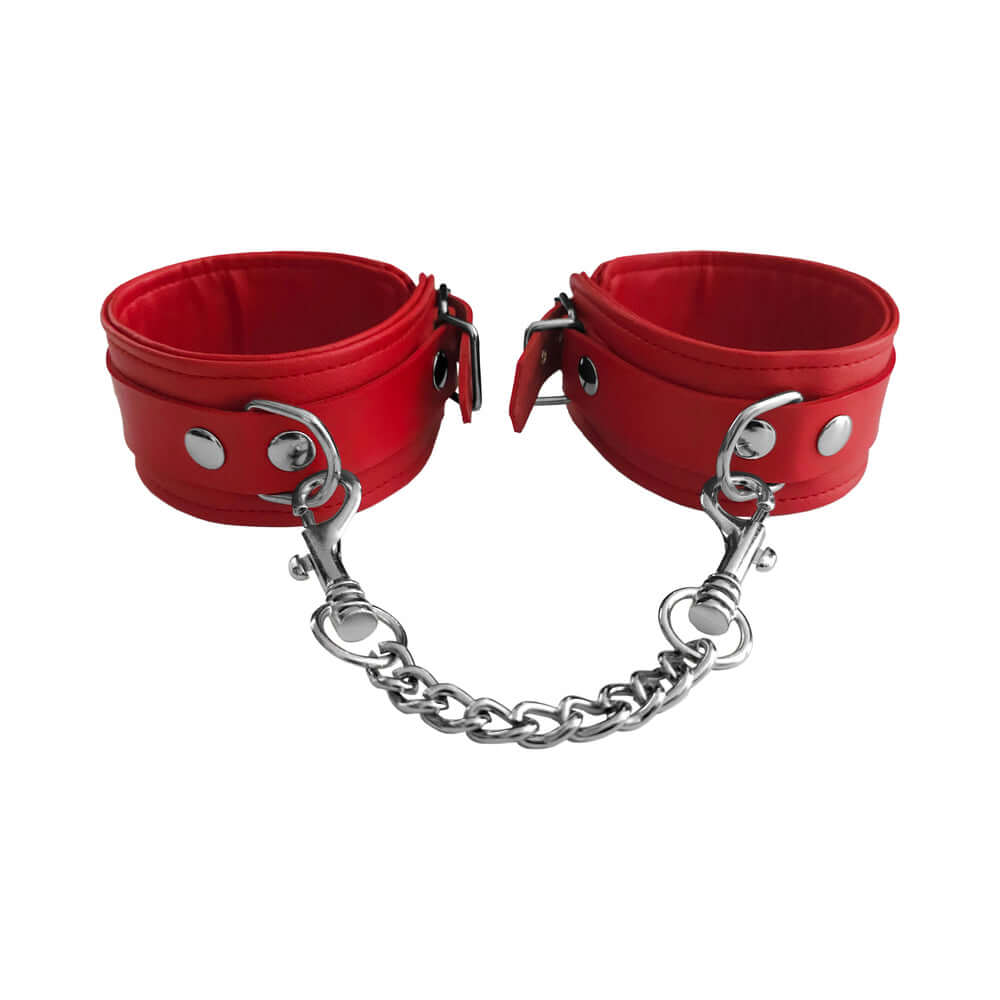 Rouge Fetish Play Vegan Ankle Cuffs Red, soft faux leather ankle restraints with chain attachment for secure comfort.