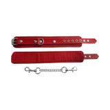 Rouge Fetish Play Vegan Ankle Cuffs Red shown in a close-up, featuring durable faux leather and secure restraint design.
