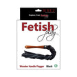 Rouge Fetish Play Vegan Wooden Handle Flogger Black packaging with wooden handle and faux leather tails.