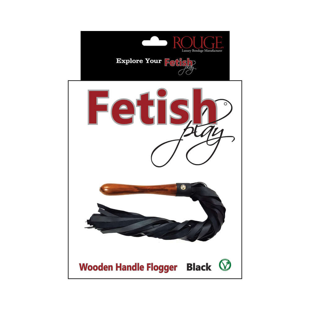 Rouge Fetish Play Vegan Wooden Handle Flogger Black packaging with wooden handle and faux leather tails.
